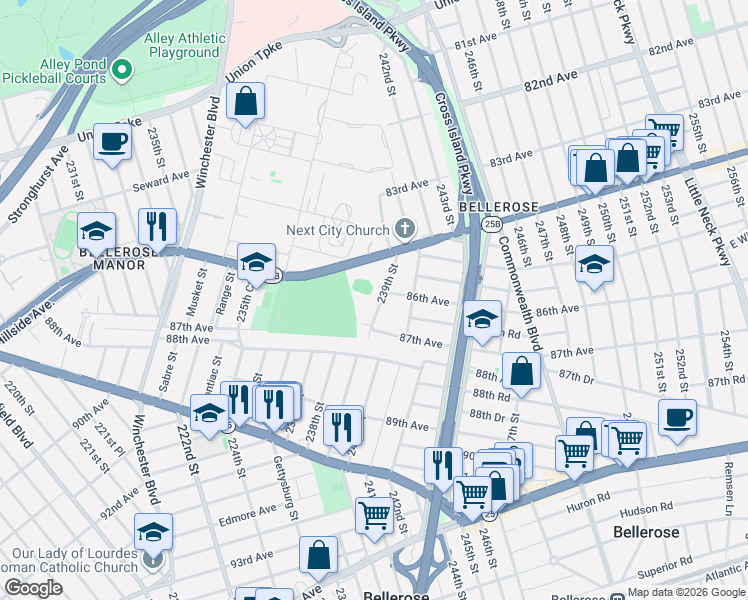 map of restaurants, bars, coffee shops, grocery stores, and more near 85-34 239th Street in Queens