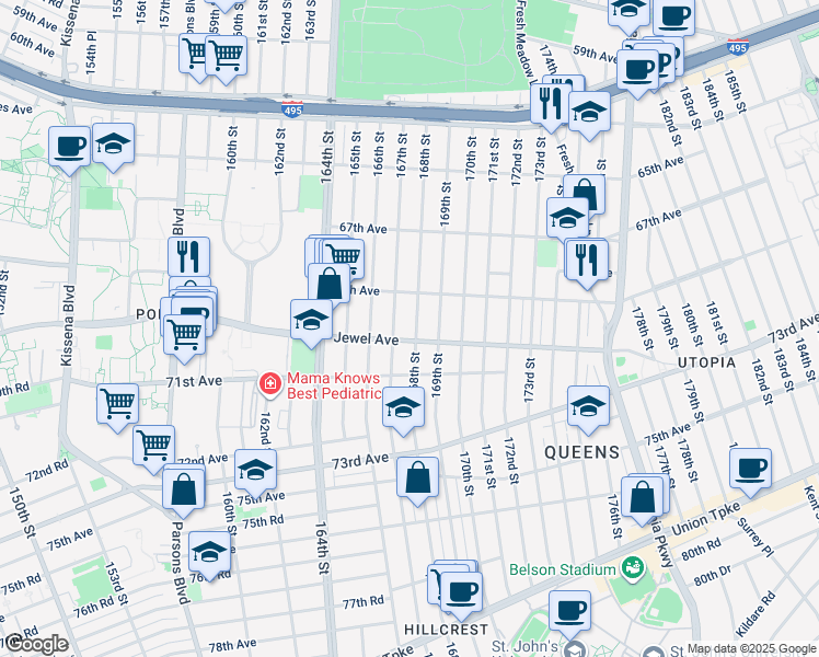 map of restaurants, bars, coffee shops, grocery stores, and more near 69-16 168th Street in Queens