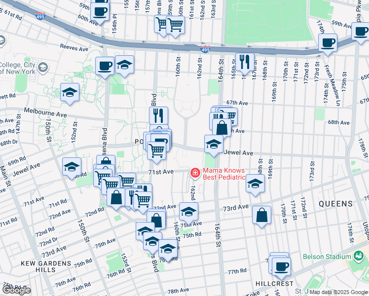 map of restaurants, bars, coffee shops, grocery stores, and more near 67-47 161 Street in Queens
