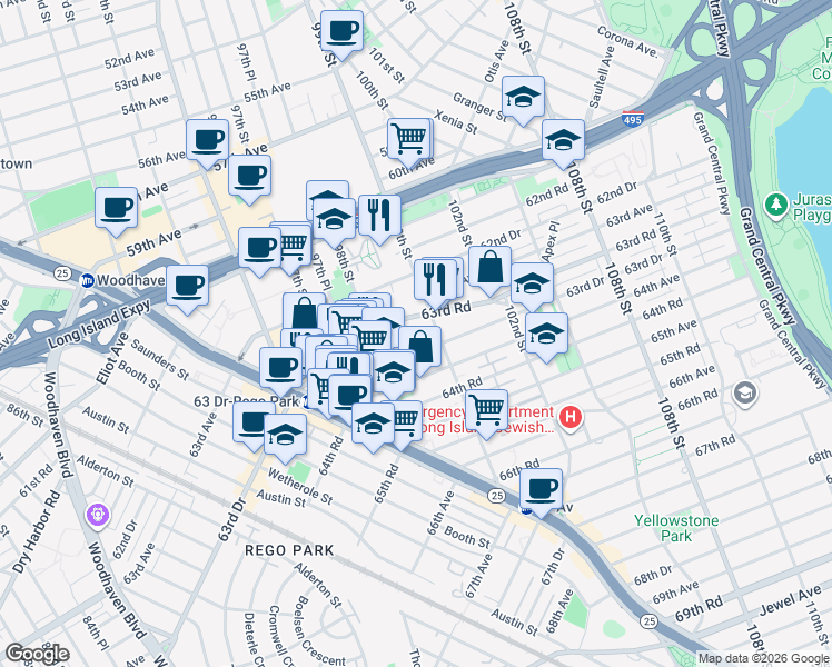 map of restaurants, bars, coffee shops, grocery stores, and more near 9900 63rd Road in Queens