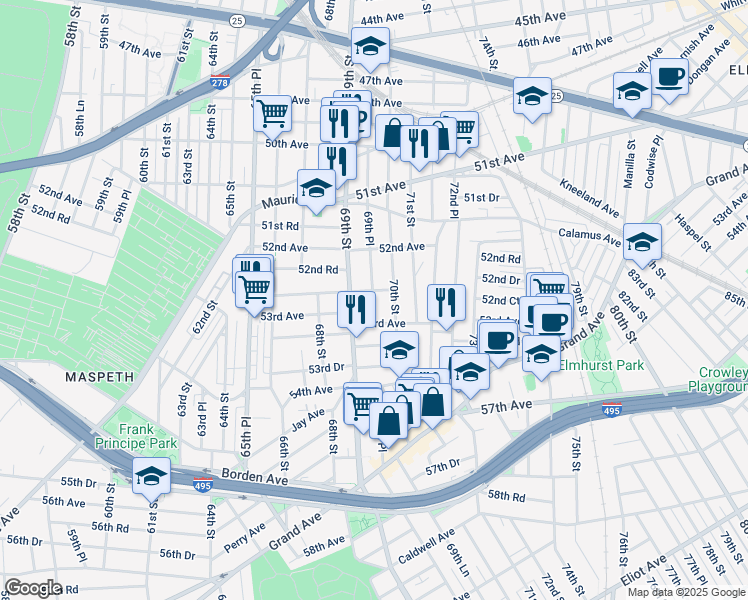 map of restaurants, bars, coffee shops, grocery stores, and more near 52-37 69th Place in Queens
