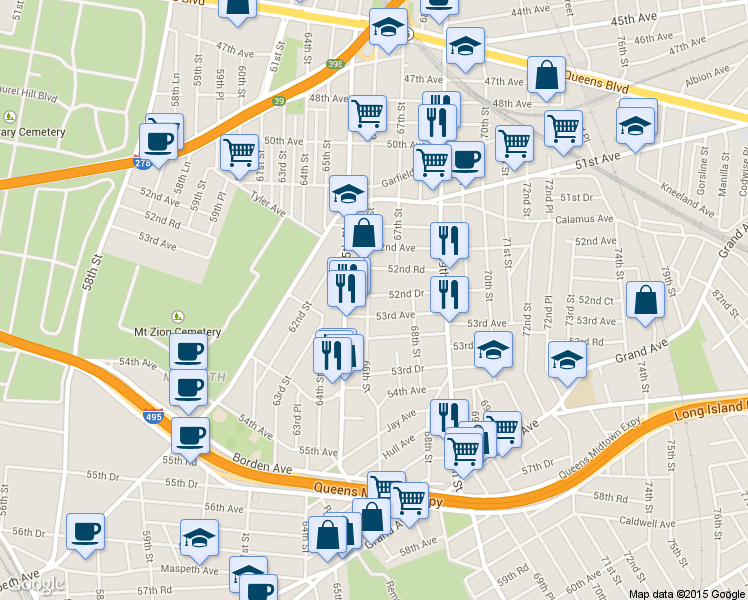 map of restaurants, bars, coffee shops, grocery stores, and more near 52-39 66th Street in Queens