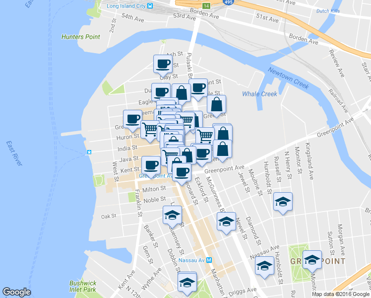 map of restaurants, bars, coffee shops, grocery stores, and more near 171 India Street in Brooklyn