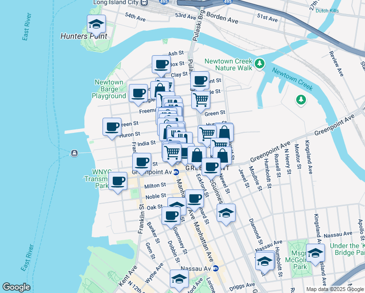 map of restaurants, bars, coffee shops, grocery stores, and more near 171 India Street in Brooklyn