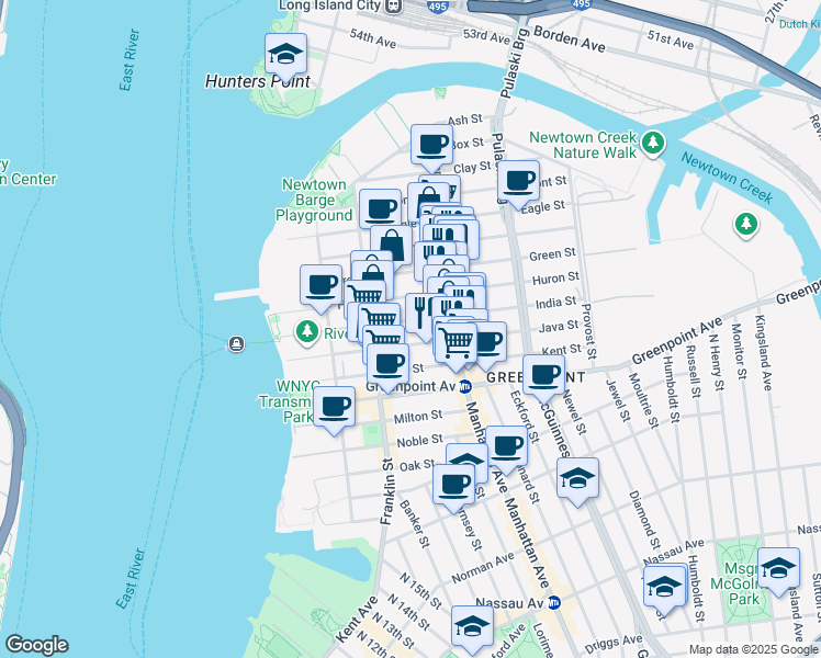 map of restaurants, bars, coffee shops, grocery stores, and more near 109 India Street in Brooklyn