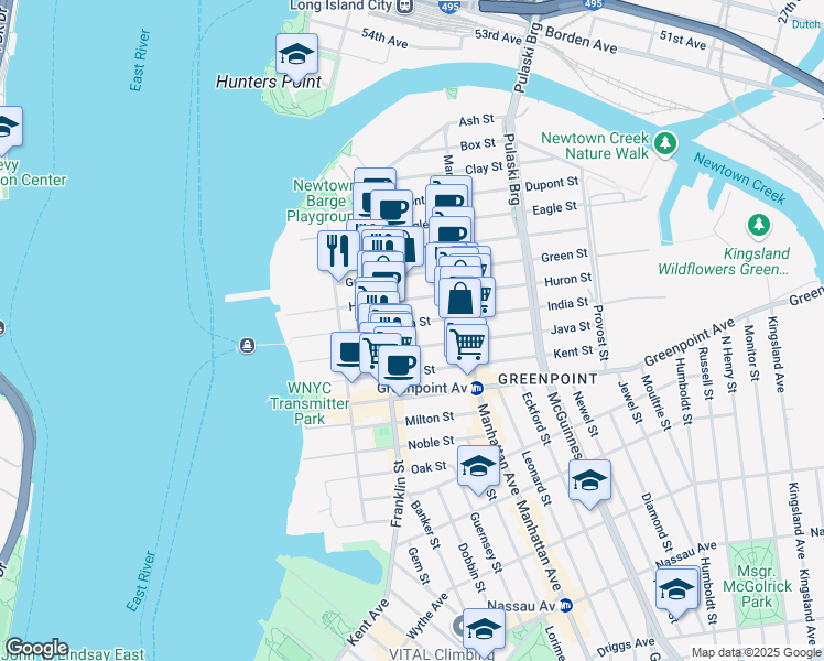 map of restaurants, bars, coffee shops, grocery stores, and more near 159 Franklin Street in Brooklyn