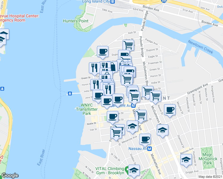 map of restaurants, bars, coffee shops, grocery stores, and more near 159 Franklin Street in Brooklyn