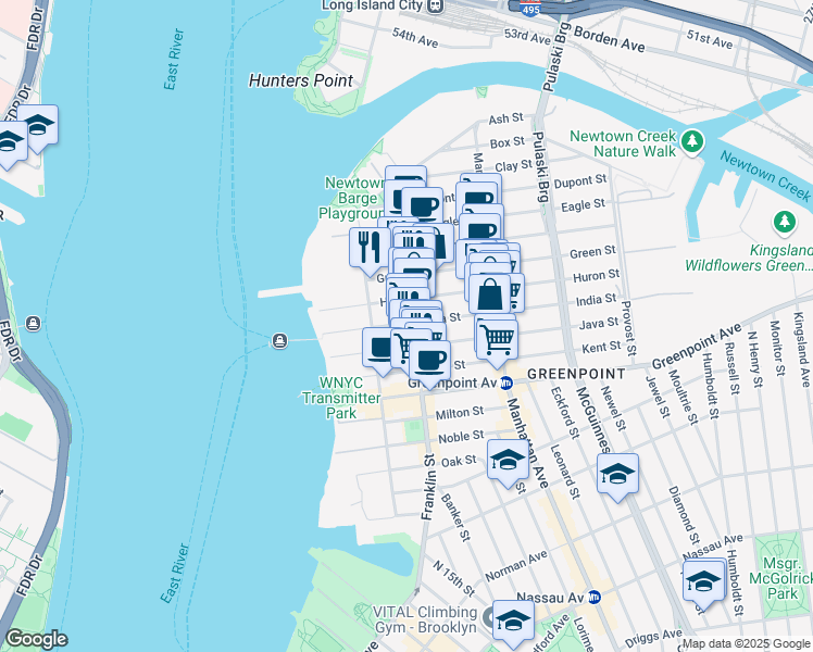 map of restaurants, bars, coffee shops, grocery stores, and more near 159 Franklin Street in Brooklyn