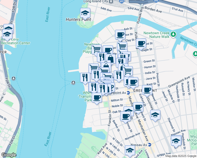 map of restaurants, bars, coffee shops, grocery stores, and more near 66 Huron Street in Brooklyn