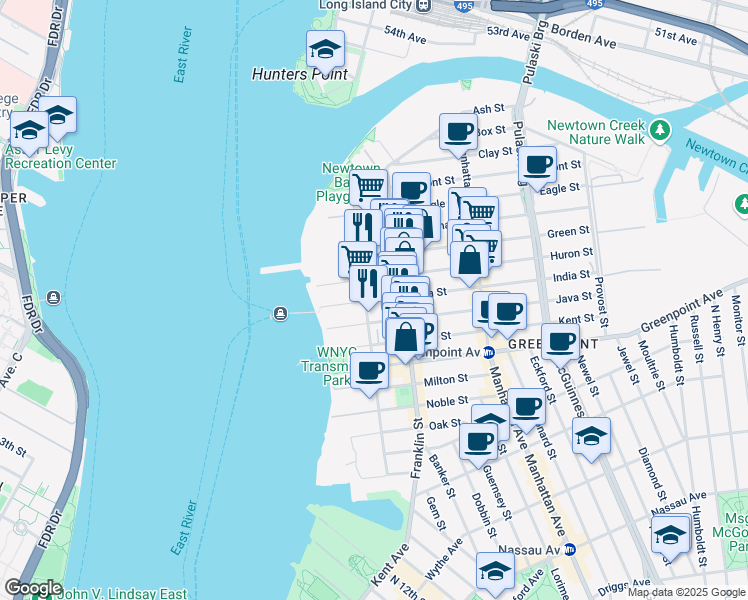 map of restaurants, bars, coffee shops, grocery stores, and more near 66 Huron Street in Brooklyn