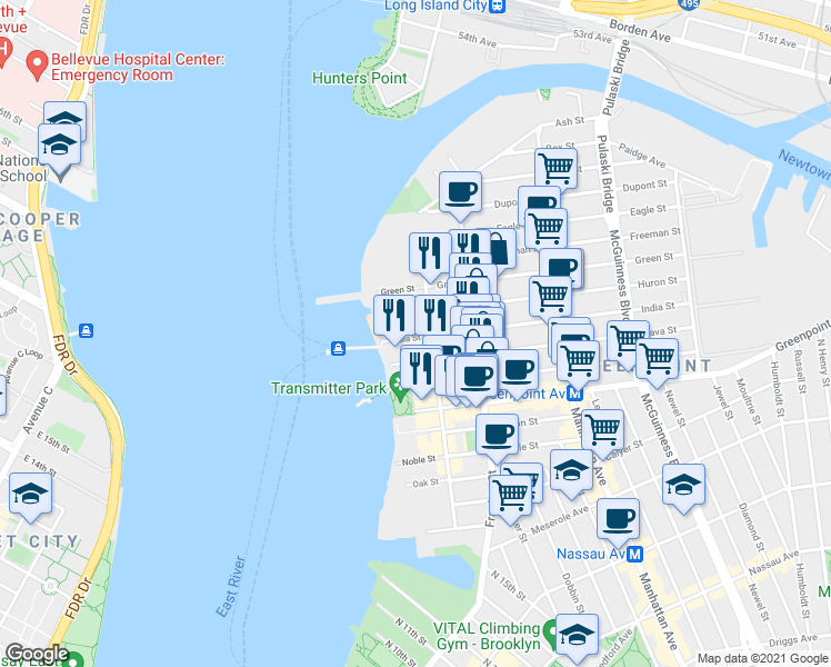 map of restaurants, bars, coffee shops, grocery stores, and more near 171 West Street in Brooklyn