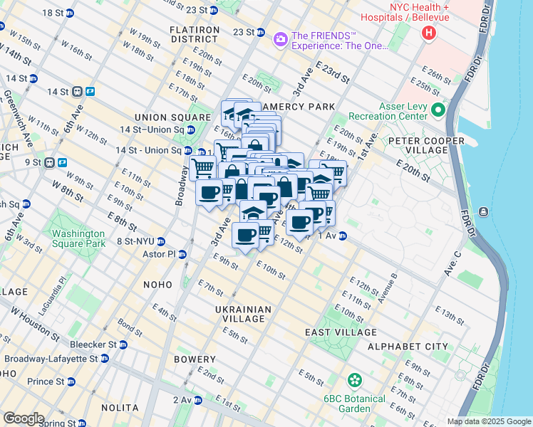 map of restaurants, bars, coffee shops, grocery stores, and more near 230 East 14th Street in New York
