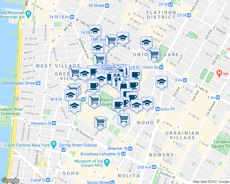 map of restaurants, bars, coffee shops, grocery stores, and more near 11 5th Avenue in New York