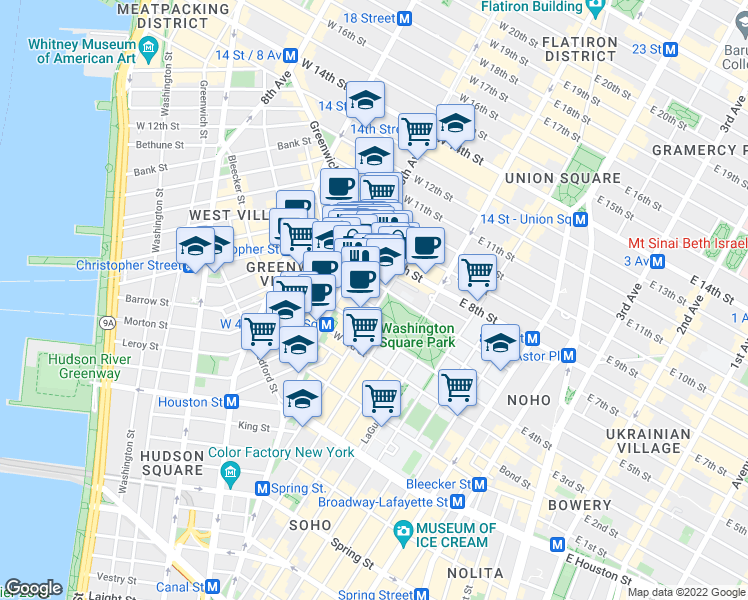 map of restaurants, bars, coffee shops, grocery stores, and more near 340 6th Avenue in New York