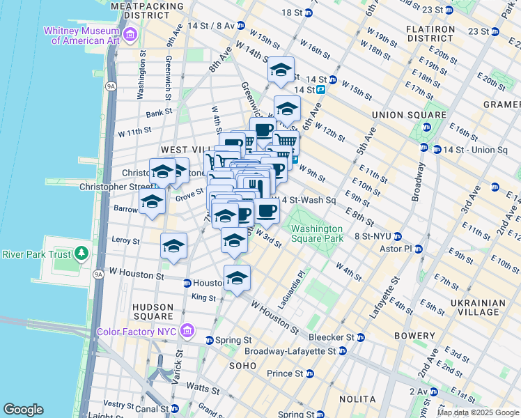 map of restaurants, bars, coffee shops, grocery stores, and more near 106 West Washington Place in New York