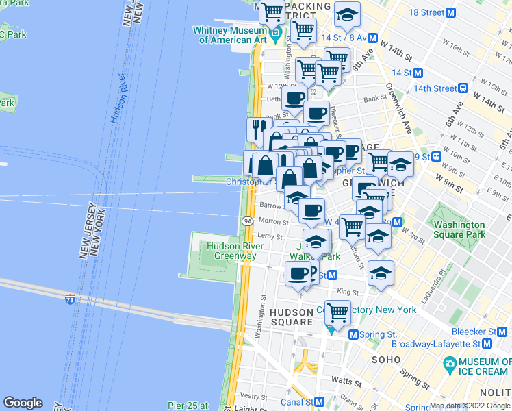 map of restaurants, bars, coffee shops, grocery stores, and more near 391 West Street in New York