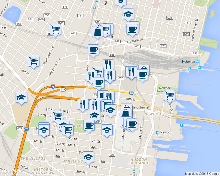 map of restaurants, bars, coffee shops, grocery stores, and more near 209 16th Street in Jersey City
