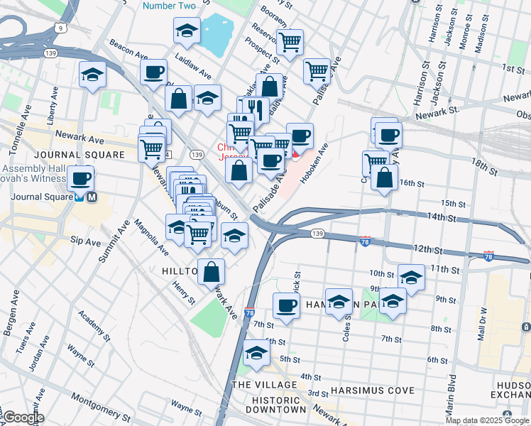 map of restaurants, bars, coffee shops, grocery stores, and more near 91 Palisade Avenue in Jersey City