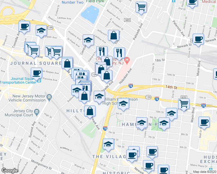map of restaurants, bars, coffee shops, grocery stores, and more near 91 Palisade Avenue in Jersey City