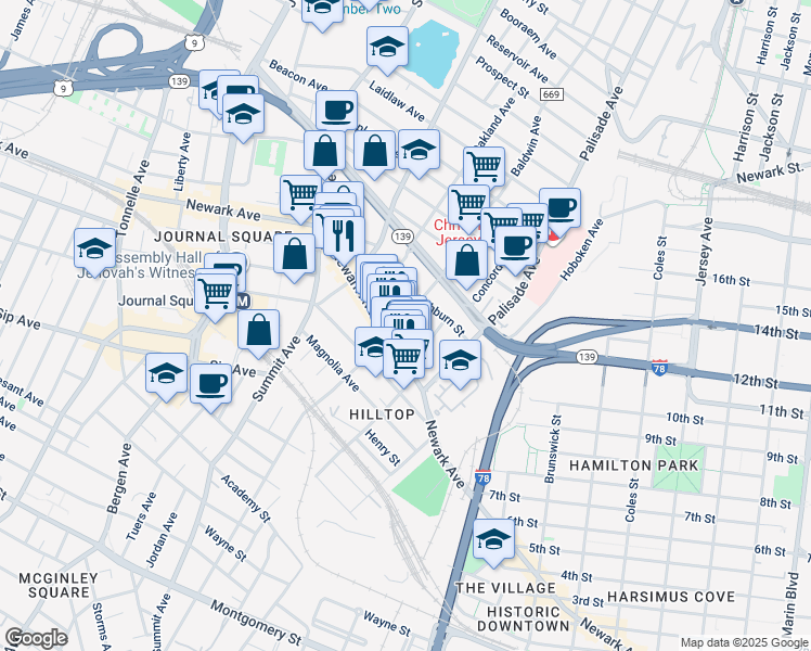 map of restaurants, bars, coffee shops, grocery stores, and more near 84 Court House Place in Jersey City