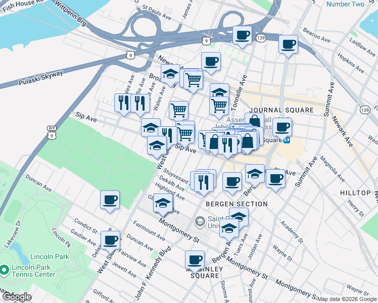 map of restaurants, bars, coffee shops, grocery stores, and more near in Jersey City