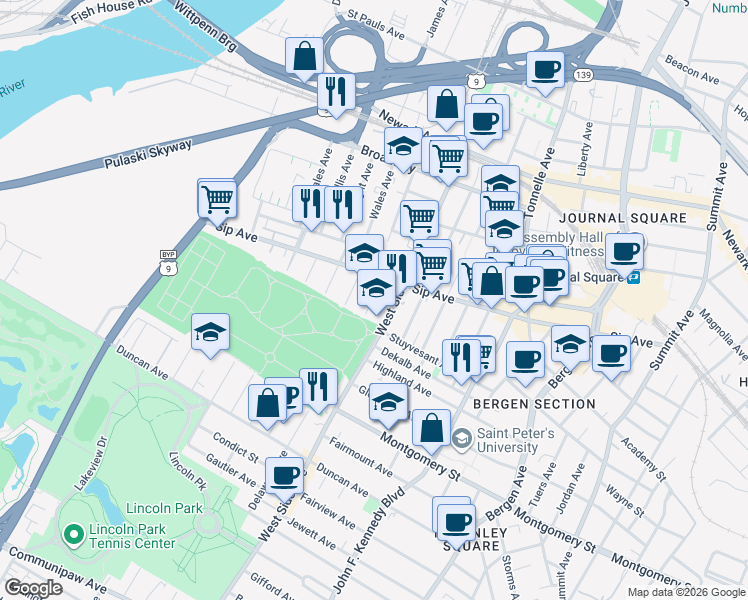 map of restaurants, bars, coffee shops, grocery stores, and more near 305 Sip Avenue in Jersey City
