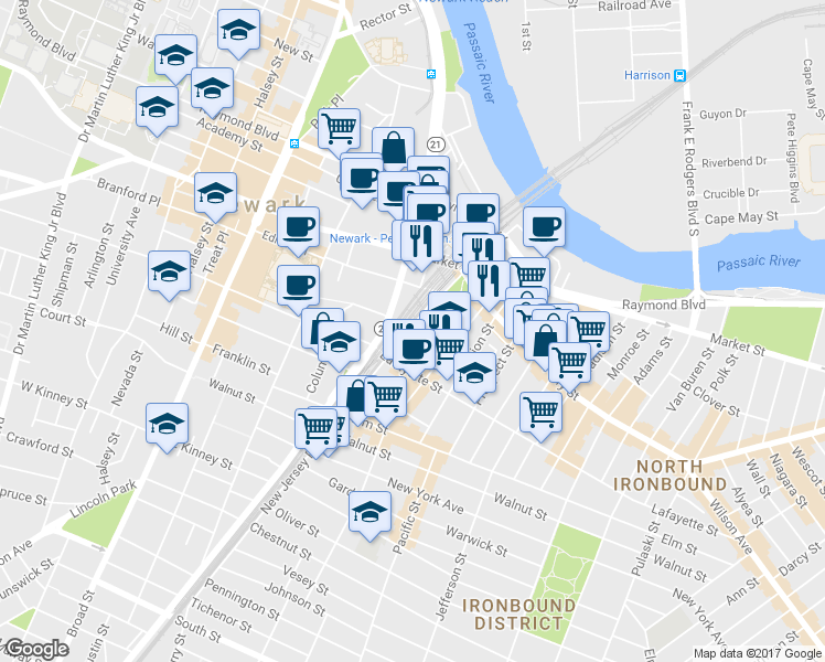 map of restaurants, bars, coffee shops, grocery stores, and more near 47-57 New Jersey Railroad Avenue in Newark