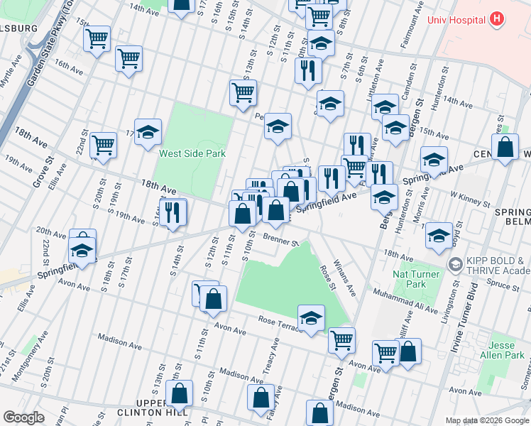 map of restaurants, bars, coffee shops, grocery stores, and more near 577 South 10th Street in Newark