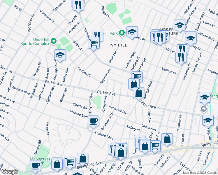 map of restaurants, bars, coffee shops, grocery stores, and more near 128 Orchard Road in Maplewood