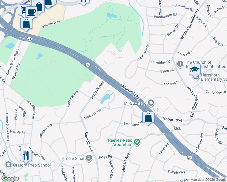 map of restaurants, bars, coffee shops, grocery stores, and more near 30 Woodmere Drive in Summit