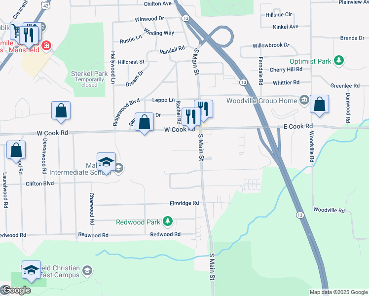map of restaurants, bars, coffee shops, grocery stores, and more near 43 East Cook Road in Mansfield