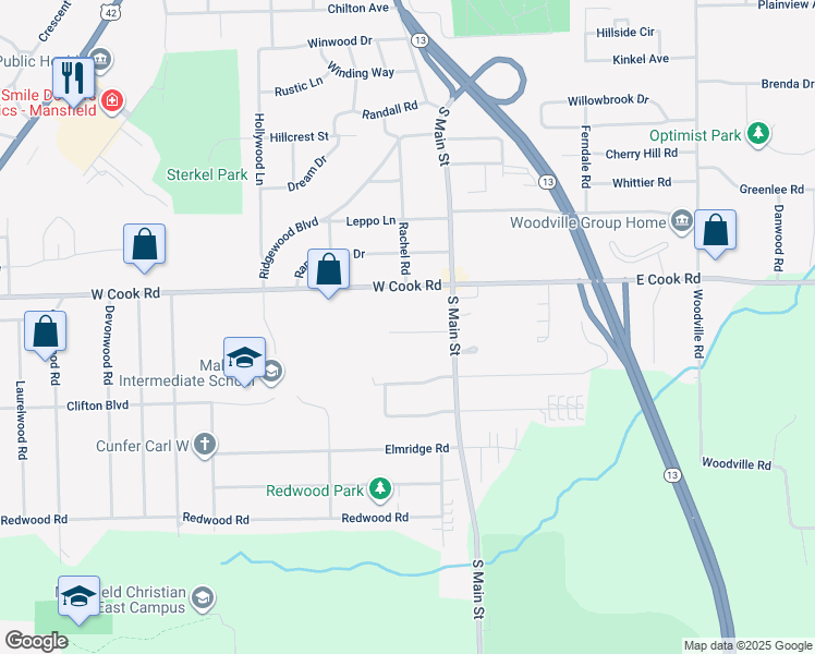 map of restaurants, bars, coffee shops, grocery stores, and more near 43 East Cook Road in Mansfield