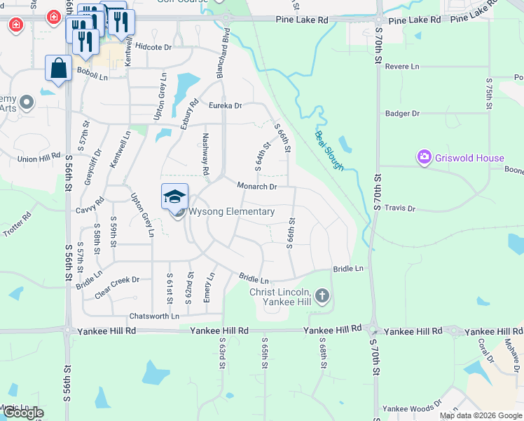 map of restaurants, bars, coffee shops, grocery stores, and more near 6310 Cavvy Road in Lincoln
