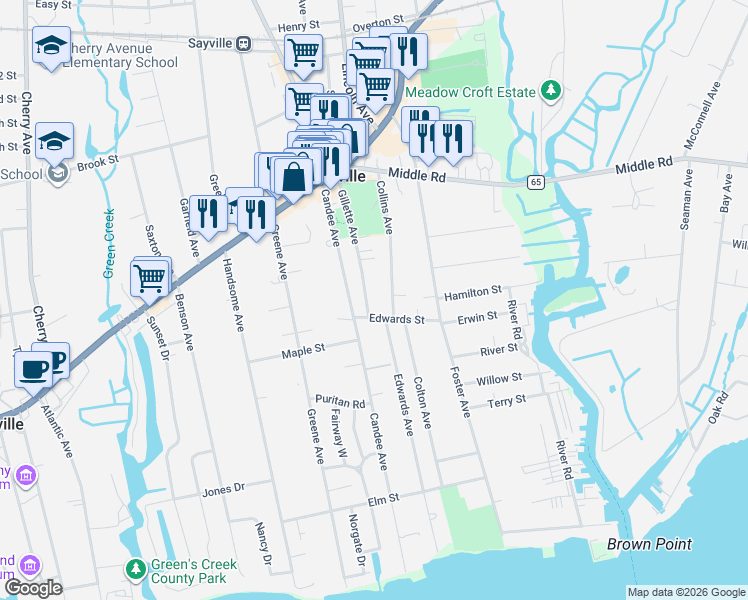 map of restaurants, bars, coffee shops, grocery stores, and more near 100 Collins Avenue in Sayville
