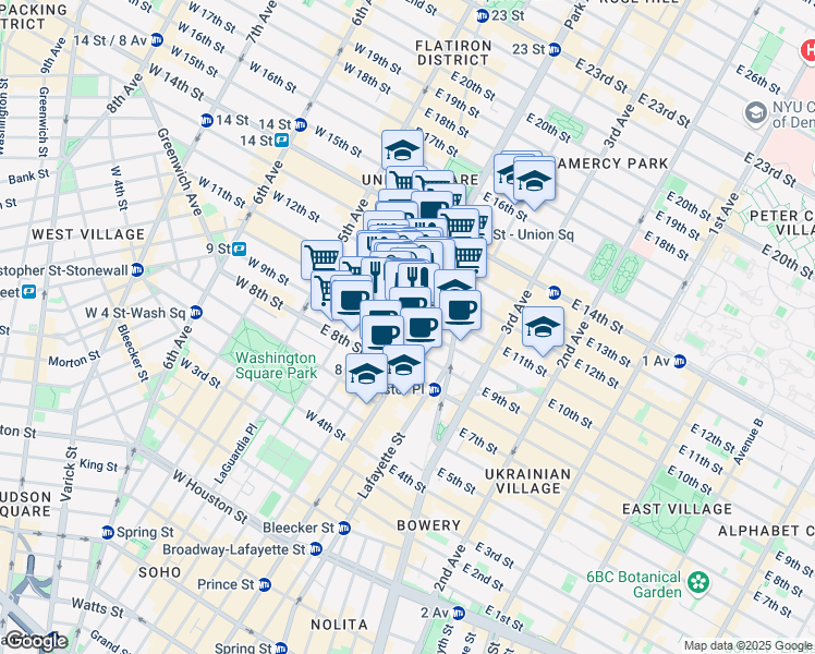 map of restaurants, bars, coffee shops, grocery stores, and more near 76 East 11th Street in New York
