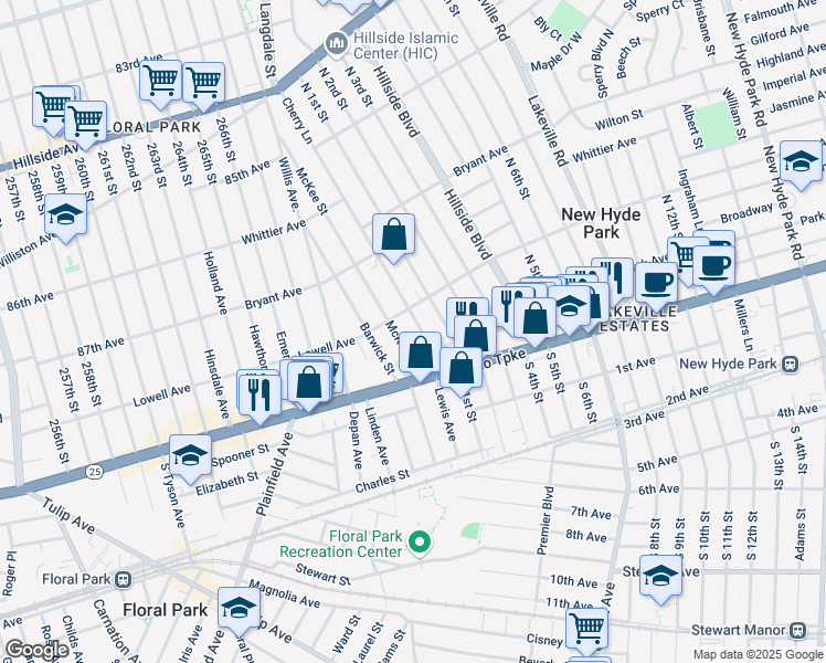 map of restaurants, bars, coffee shops, grocery stores, and more near 6 Lowell Avenue in New Hyde Park