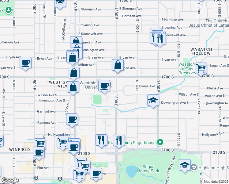 map of restaurants, bars, coffee shops, grocery stores, and more near 1840 South 1300 East in Salt Lake City