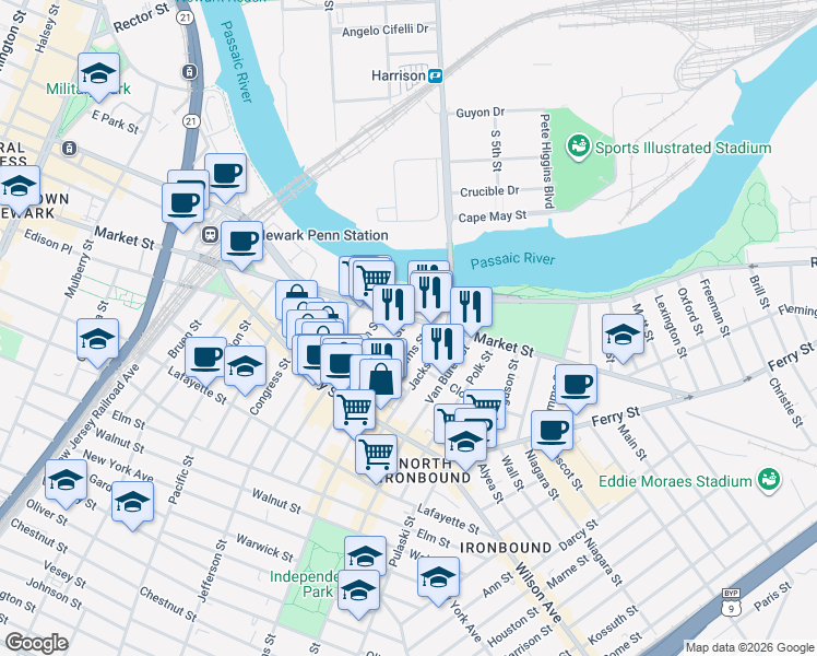 map of restaurants, bars, coffee shops, grocery stores, and more near 854 Raymond Boulevard in Newark