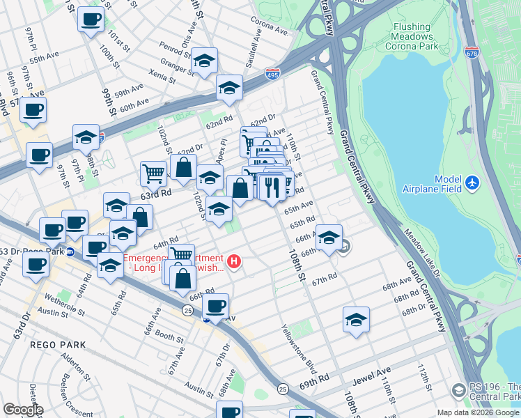 map of restaurants, bars, coffee shops, grocery stores, and more near in Queens