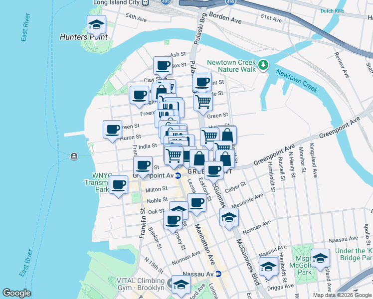 map of restaurants, bars, coffee shops, grocery stores, and more near 171 India Street in Brooklyn