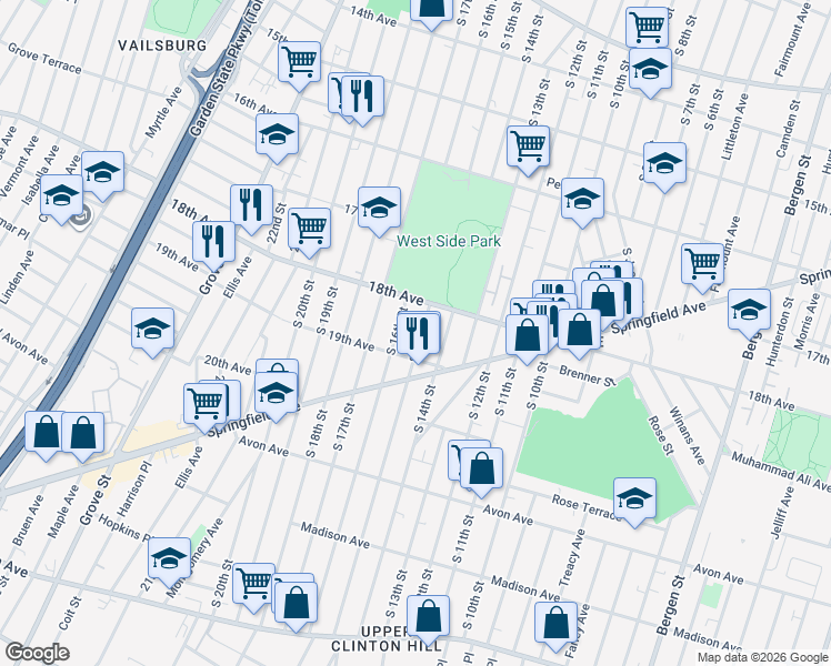 map of restaurants, bars, coffee shops, grocery stores, and more near 667 South 16th Street in Newark