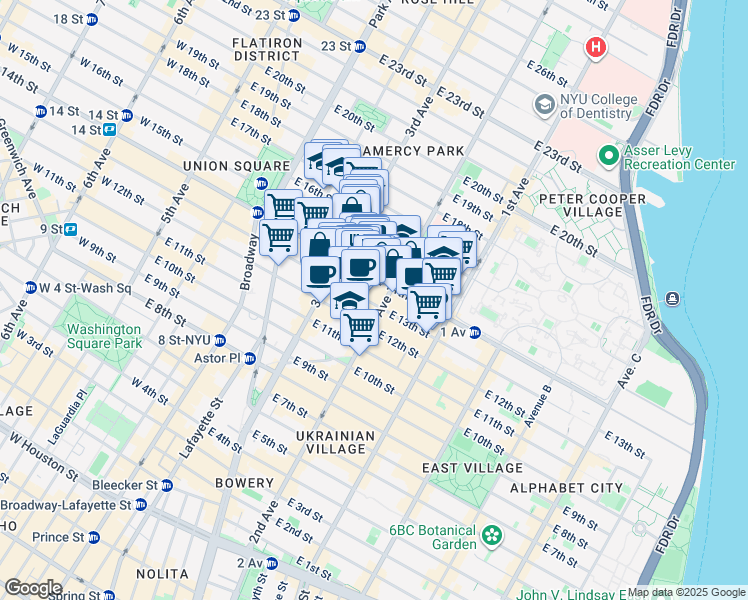 map of restaurants, bars, coffee shops, grocery stores, and more near 230 East 14th Street in New York