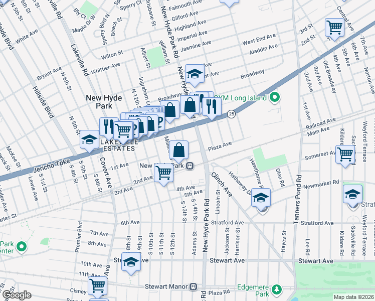 map of restaurants, bars, coffee shops, grocery stores, and more near 9 Herkomer Street in New Hyde Park