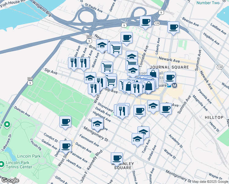 map of restaurants, bars, coffee shops, grocery stores, and more near in Jersey City
