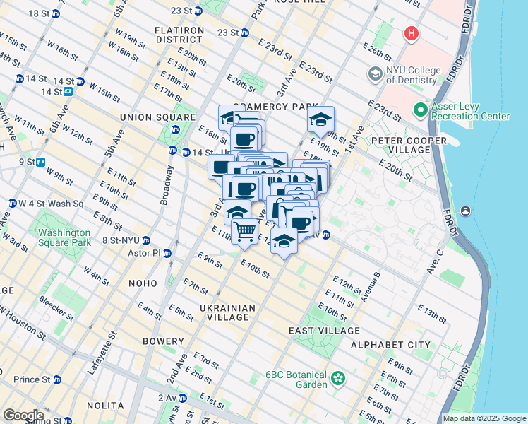 map of restaurants, bars, coffee shops, grocery stores, and more near 222 2nd Avenue in New York