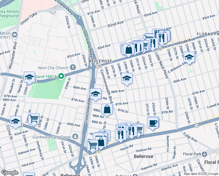 map of restaurants, bars, coffee shops, grocery stores, and more near 85-11 Commonwealth Boulevard in Queens