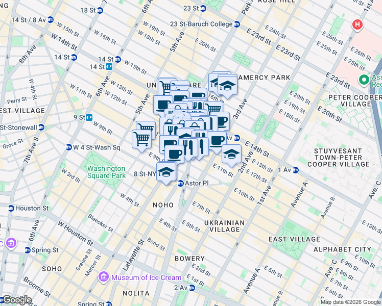 map of restaurants, bars, coffee shops, grocery stores, and more near 4th Avenue in New York
