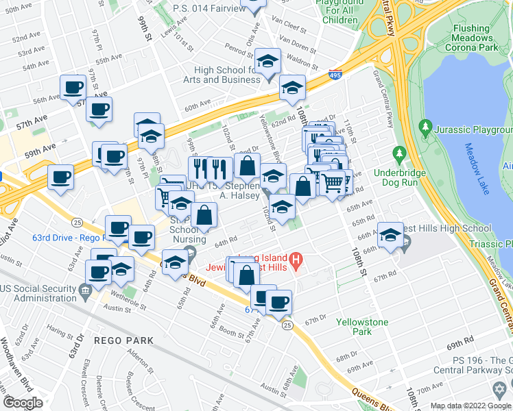 map of restaurants, bars, coffee shops, grocery stores, and more near 102-01 63rd Drive in Queens