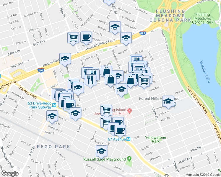 map of restaurants, bars, coffee shops, grocery stores, and more near 63-60 102nd Street in Queens