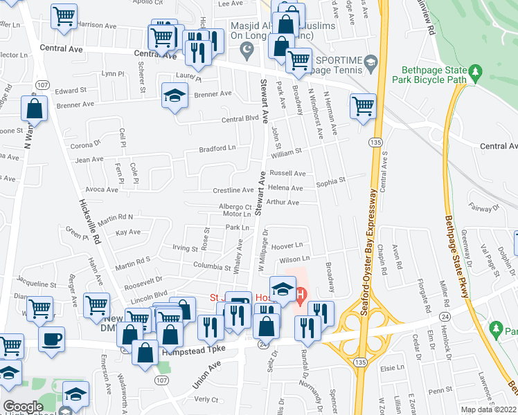 map of restaurants, bars, coffee shops, grocery stores, and more near Stewart Avenue & Albergo Court in Bethpage